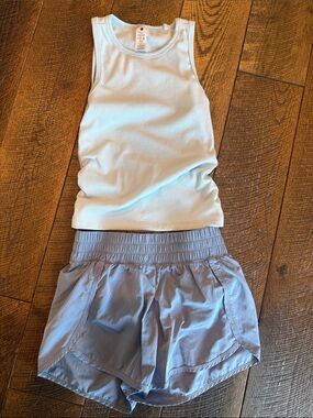 Girls Yogalicious Blue Ribbed Tank Top & Dusty Blue Elastic-Waist Shorts Set